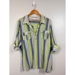 CJ Banks Shirt Women's 3X Blue Green Gauze Striped Roll Tab Sleeve Tunic